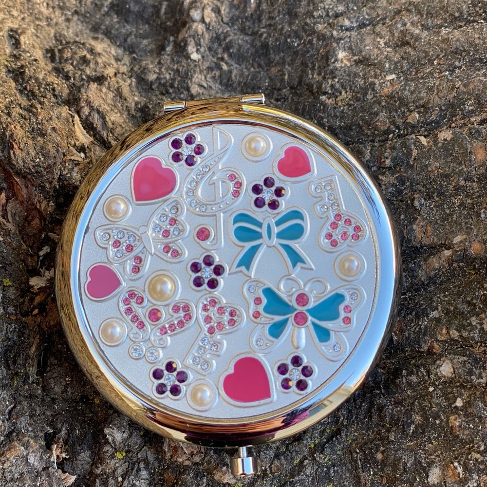 Rhinestone Floral Compact Mirror Pink Purple Bow Heart Double Sided